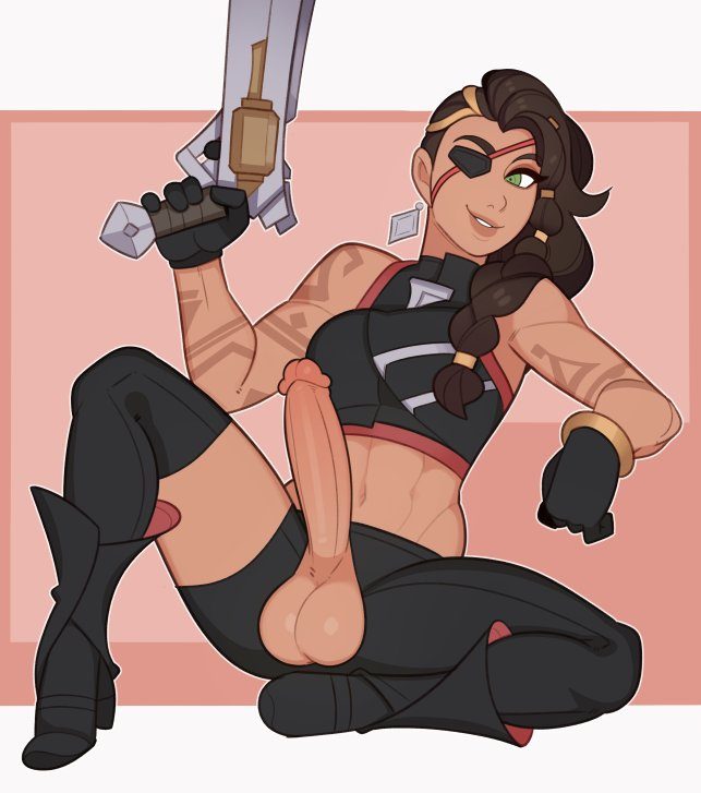 samira-hentai-art-–-dark-hair,-splashbrush,-eye-patch,-futanari,-gun,-dark-skinned-futanari,-dark-skin