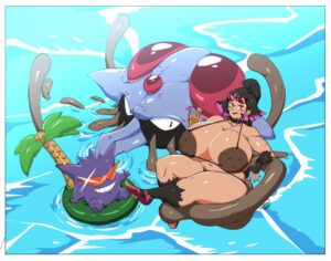 pokemon-porn-–-red-eyes,-choker,-ponytail,-cleavage,-crossover,-tentacruel,-gengar