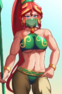 the-legend-of-zelda-hentai-–-earrings,-spear,-red-hair,-long-hair,-gerudo-outfit,-blonde-hair