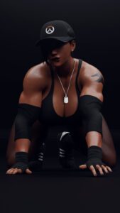 overwatch-hentai-–-sports-bra,-socks,-black-hair,-muscular,-cleavage,-black-legwear,-solo