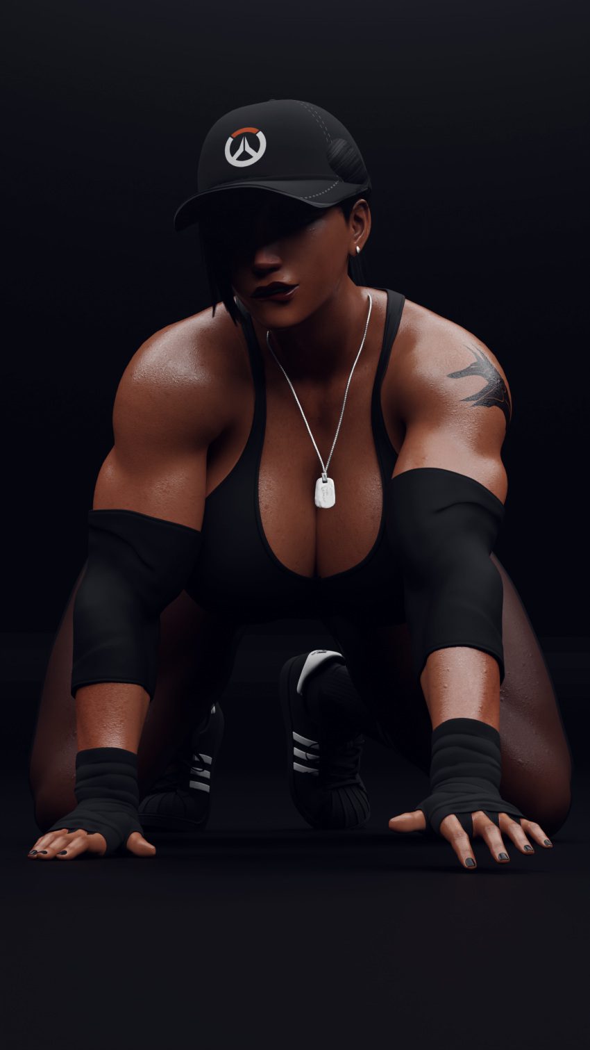 overwatch-hentai-–-sports-bra,-socks,-black-hair,-muscular,-cleavage,-black-legwear,-solo