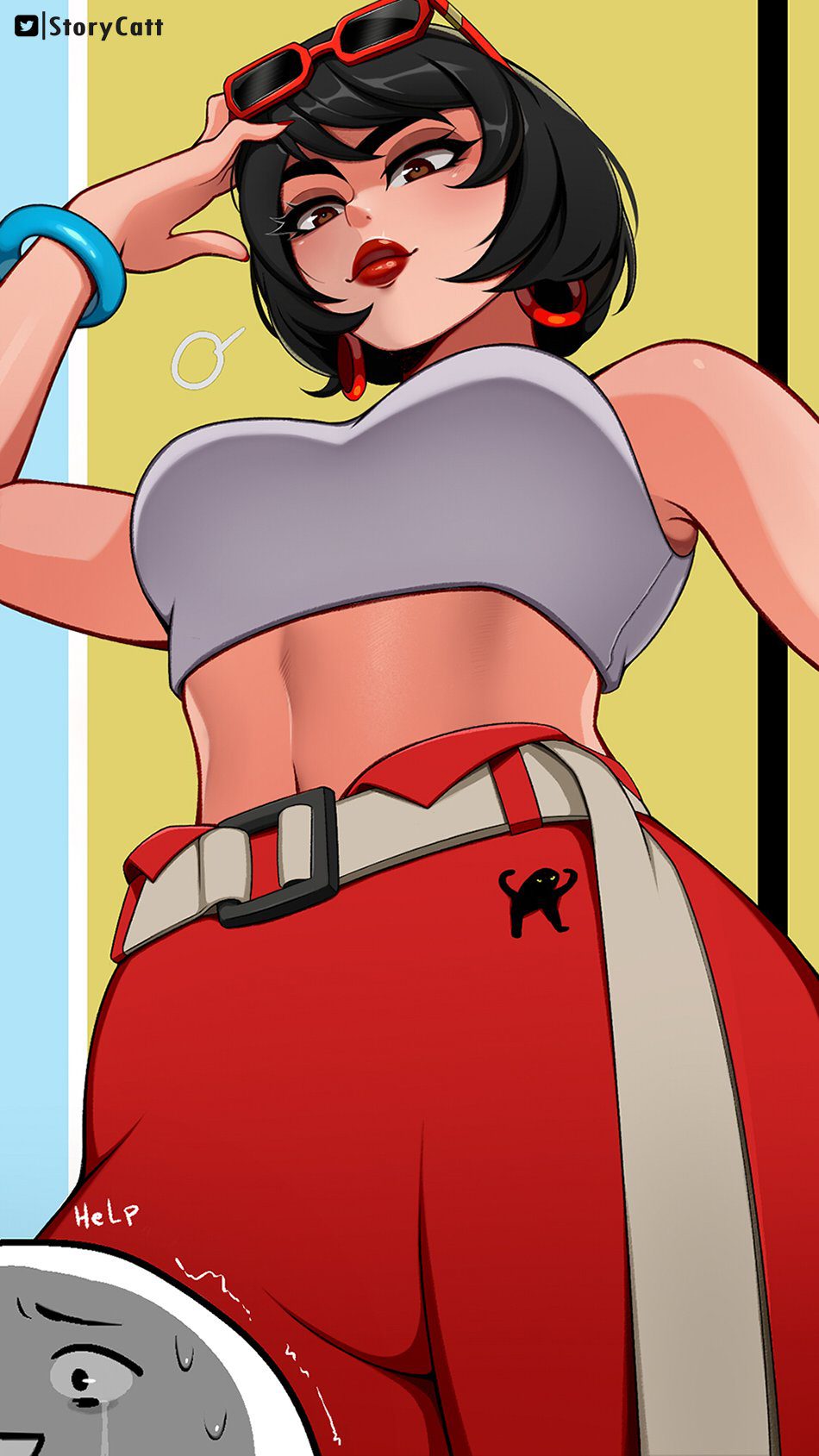 evie-porn-–-hand-on-head,-voluptuous,-black-hair,-glasses,-bracelet,-belt,-crop-top