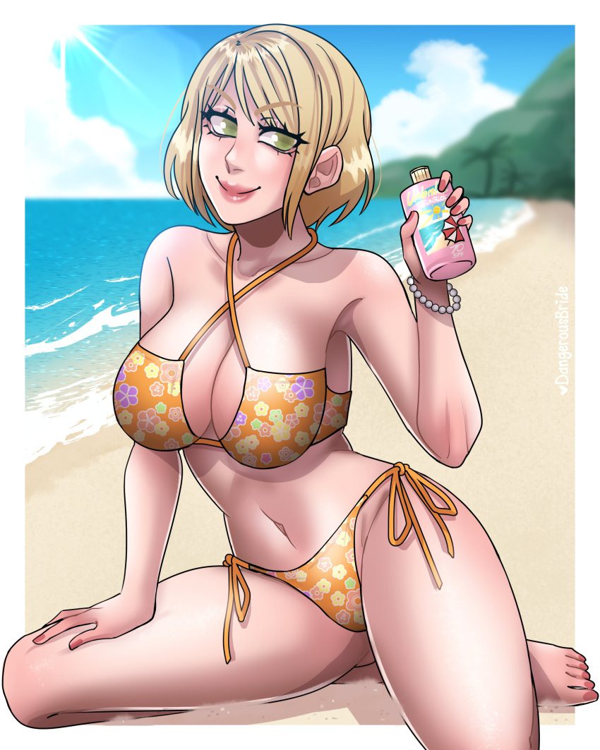 resident-evil-game-hentai-–-blue-sky,-water,-beach,-yellow-bikini-top