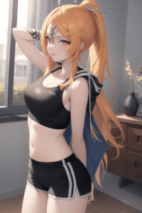 the-legend-of-zelda-hentai-–-female-only,-black-sports-bra,-solo,-breasts,-big-breasts,-happy