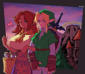 the-legend-of-zelda-hentai-art-–-big-breasts,-hand-on-another&#arm,-pointy-ears,-dress,-wink