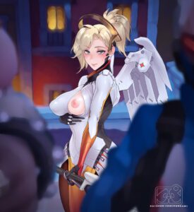 overwatch-hentai-porn-–-shy,-looking-at-viewer,-covered-navel,-exhibitionism,-ponytail