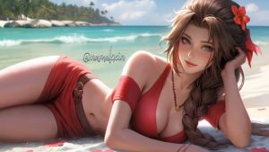 final-fantasy-hentai-–-beach,-belly-button,-lying-on-side,-brown-hair