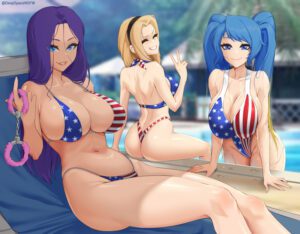 caitlyn-game-hentai,-lux-game-hentai,-sona-game-hentai-–-ass,-breasts,-long-hair,-highleg-bikini,-one-piece-swimsuit,-back,-bare-arms