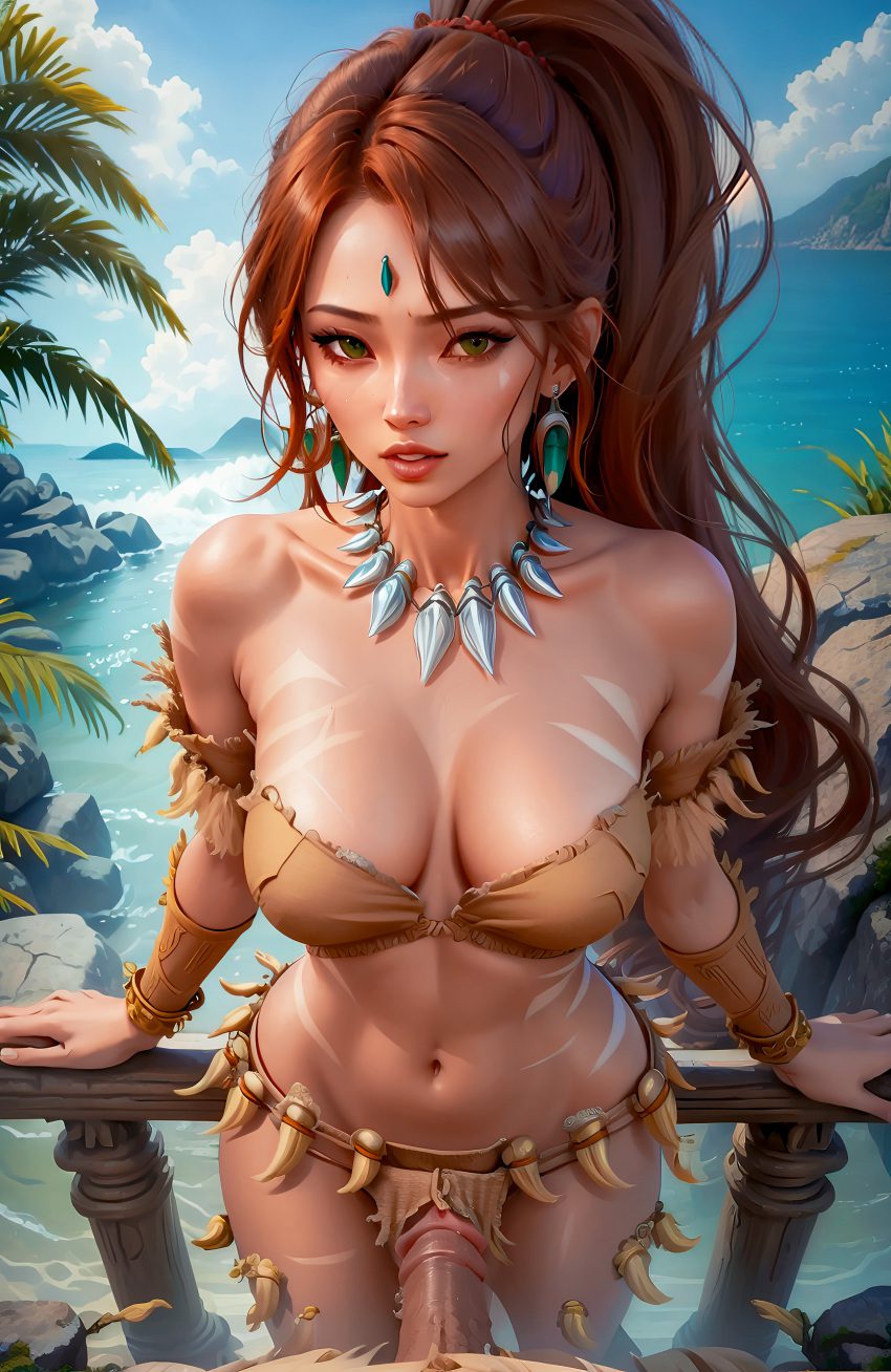 league-of-legends-game-porn-–-tribal-tattoos,-female,-nidalee,-jewel-on-forehead,-brown-hair