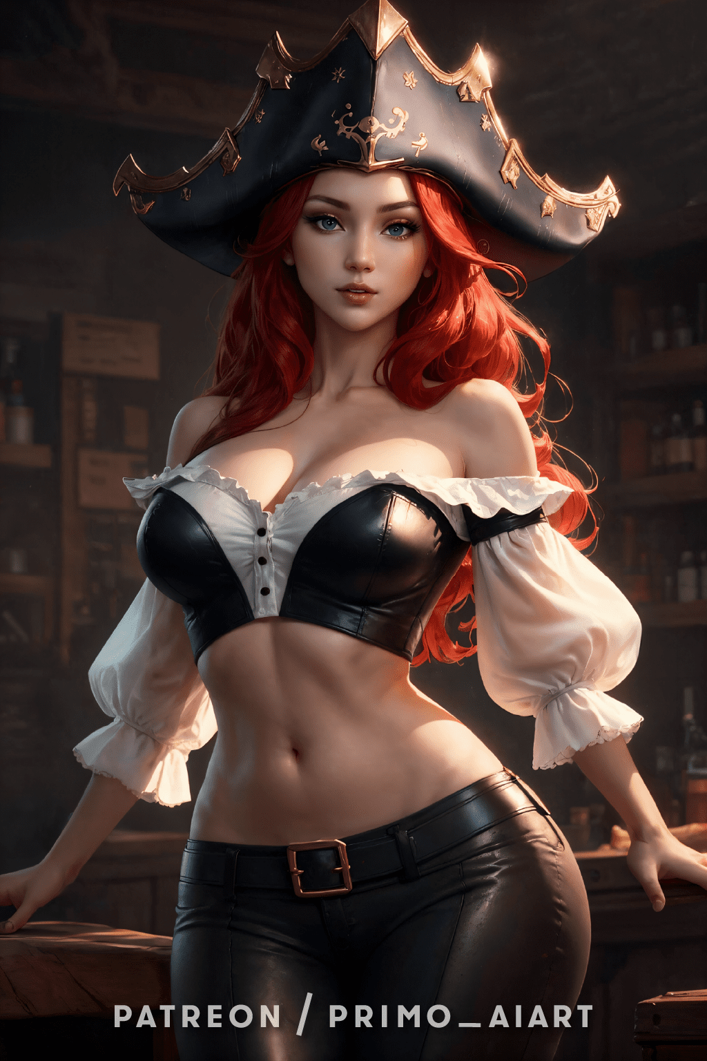 league-of-legends-hentai-xxx-–-navel,-green-eyes,-red-hair,-off-shoulder,-pirate-hat,-miss-fortune