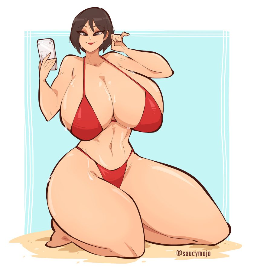 resident-evil-porn-hentai-–-red-bikini,-short-hair,-asian-female,-large-hips,-thunder-thighs,-dumptruck-ass,-holding-phone