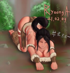 league-of-legends-game-hentai-–-forest-background,-hair-tied,-ponytail-female,-riot-games,-korean-text,-on-knees,-skimpy-costume