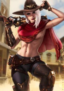 ashe-hot-hentai-–-smile,-female,-blurry,-highres,-cowboy-hat,-red-lips,-artist-name