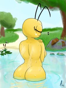 bee-hentai-art-–-water-drop,-signature,-back-view,-butt-crack,-big-ass,-bathing,-abdomen