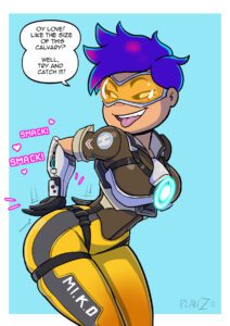 overwatch-hentai-art-–-dialogue,-text,-female-only,-tongue-out,-miko-kubota,-tracer-(cosplay),-thick-thighs