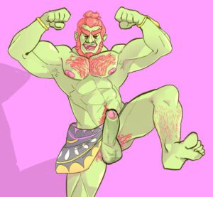 the-legend-of-zelda-game-hentai-–-ganondorf,-green-skin,-pinkmustacheguy,-muscular,-boner,-shirtless,-flexing