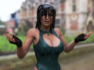 tomb-raider-game-hentai-–-rain,-breasts,-pinup-pose,-wet-body,-pinup,-brown-hair,-necklace