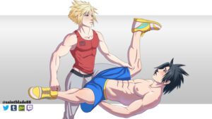 final-fantasy-sex-art-–-legs-held-open,-shirtless,-imminent-sex,-male-only,-final-fantasy-vii,-abs