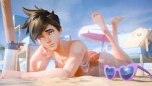 overwatch-rule-xxx-–-looking-at-viewer,-resting-on-arms,-swimsuit,-feet-up,-laying-on-bed,-yellow-eyes
