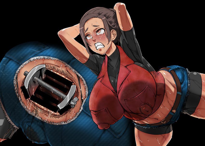 resident-evil-sex-art-–-denim-shorts,-ponytail,-erect-nipples-under-clothes,-hotpants,-ass