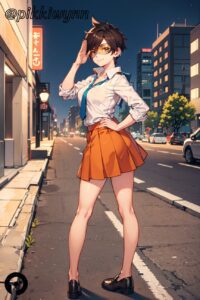 overwatch-hentai-art-–-hand-on-hip,-orange-skirt,-ground-vehicle,-outdoors,-medium-breasts,-building,-tinted-eyewear