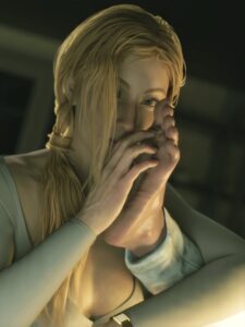 resident-evil-game-hentai-–-foot-phone,-holding-object,-looking-at-viewer,-solo-focus,-wearing-glasses,-blonde-female,-female-doctor