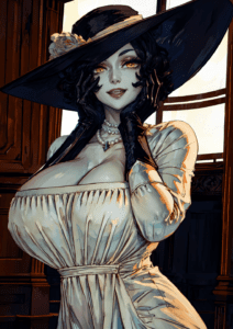 resident-evil-hentai-art-–-looking-at-viewer,-dress,-eyeshadow,-ls,-flower-on-hat,-makeup