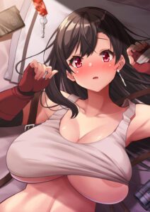 final-fantasy-rule-–-cleavage,-large-breasts,-breasts,-black-hair,-lying,-white-tank-top,-looking-at-viewer