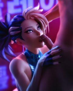 k/da-porn-–-ear-piercing,-multicolored-hair,-jewelry,-looking-at-another,-high-ponytail,-fellatio,-nude