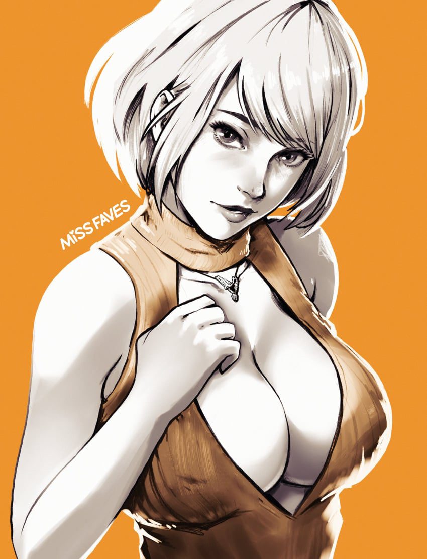 resident-evil-hentai-art-–-large-breasts,-necklace,-orange-theme,-artist-name,-clothing-cutout,-cleavage