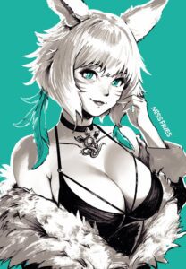final-fantasy-rule-xxx-–-aqua-background,-miqo&#,-solo,-animal-ears,-upper-body,-breasts,-artist-name