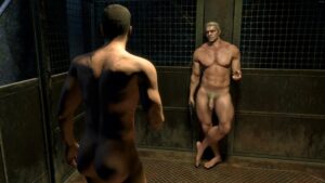 resident-evil-game-porn-–-naked-male,-es,-lewis-luke,-light-skinned-male,-elevator,-flaccid-cock,-holding-gun