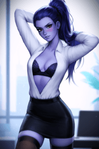 overwatch-sex-art-–-purple-skin,-absolute-territory,-looking-at-viewer,-female-only,-solo-female,-amelie-lacroix,-open-shirt