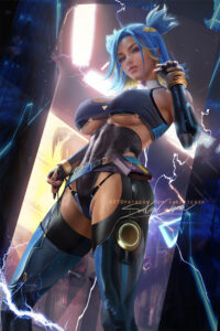neon-hentai-–-thong,-fingerless-gloves,-underboob,-low-angle-view,-riot-games,-sakimichan,-solo-female