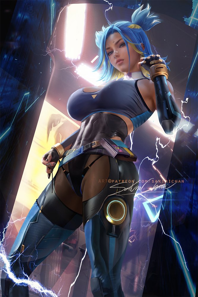 neon-hot-hentai-–-standing,-sakimichan,-breasts,-sports-bra,-thighhighs,-gloves