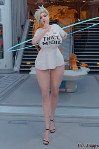 overwatch-hentai-porn-–-looking-at-viewer,-ponytail,-smile,-solo,-white-shirt,-hourglass-figure,-t-shirt