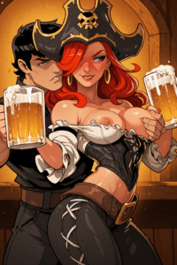 League Of Legends Rule - miss fortune, 1girls, full-face blush, ai, grabbing another's breasts, from side, freckles