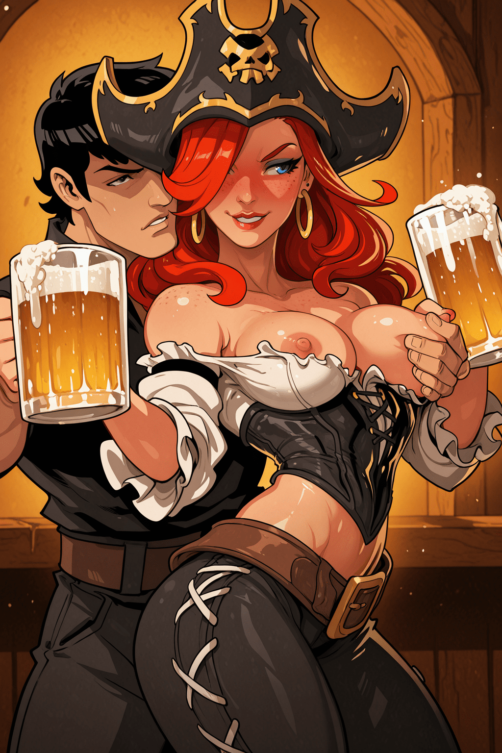 League Of Legends Rule - miss fortune, 1girls, full-face blush, ai, grabbing another's breasts, from side, freckles file 12ec33e8a6728ae062fc7c34c778e244