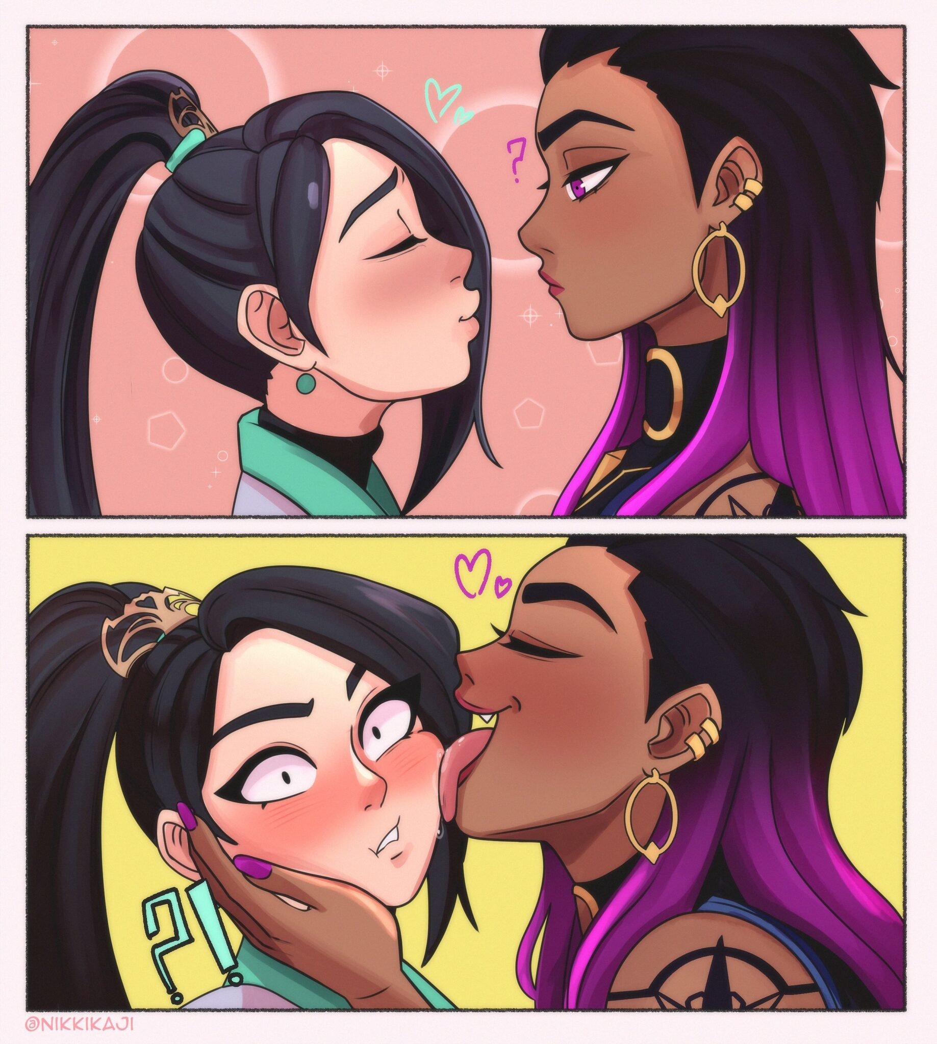 Reyna Rule, Sage Rule - blush, kissing, licking cheek, nikkikaji, female only file 24a21f4f25cf89b248de11940b10de1f scaled