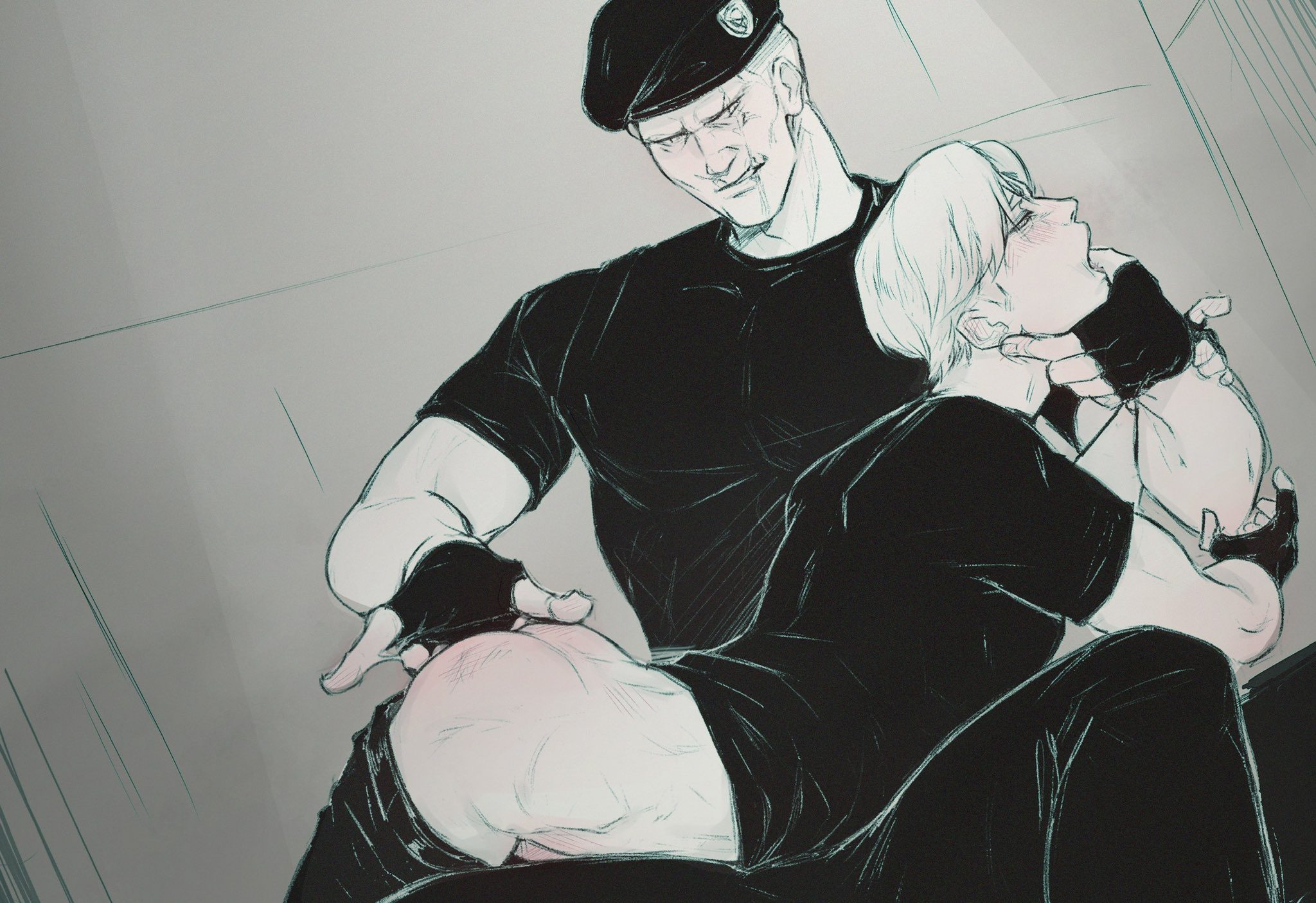 Resident Evil Hot Hentai - bent over, muscular male, pants pulled down, finger in mouth, 2boys, bent over lap file 57fd6184a1294796075a86c3b0b55c5b