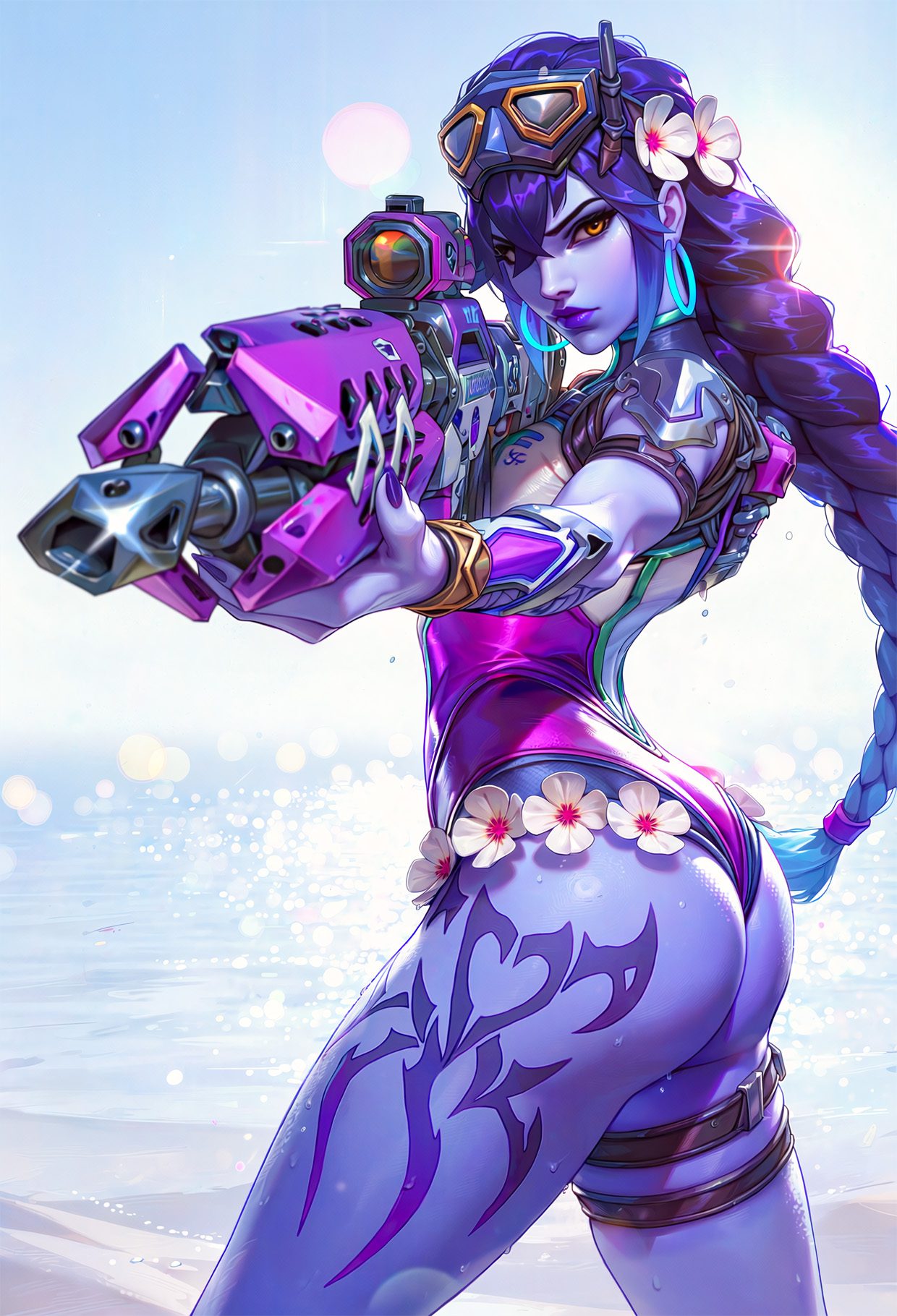 Widowmaker Rule - goggles on head, one-piece swimsuit, looking at viewer, ass, gun, ai generated file 8cc515f834453b43119aea66f05bb43f