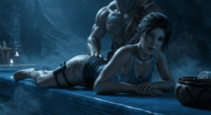 Tomb Raider Hentai - looking at viewer, ai generated, lying, caveman, ponytail, massage