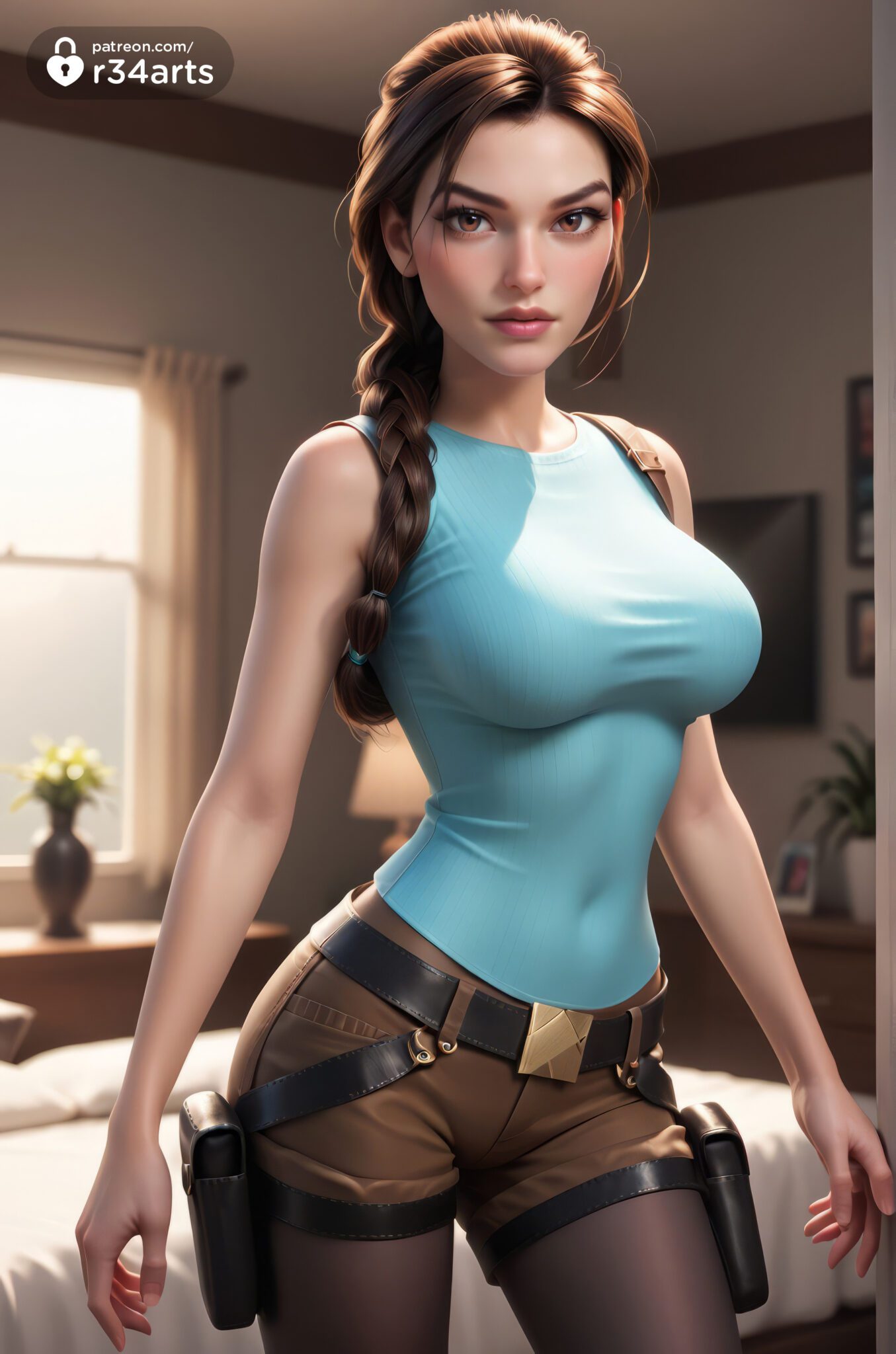 Tomb Raider Hentai Xxx - bedroom, r34arts, braid, single braid, thigh holster, blurry background, shirt file f37f5d9bf070cdfaebf36966320df658 scaled
