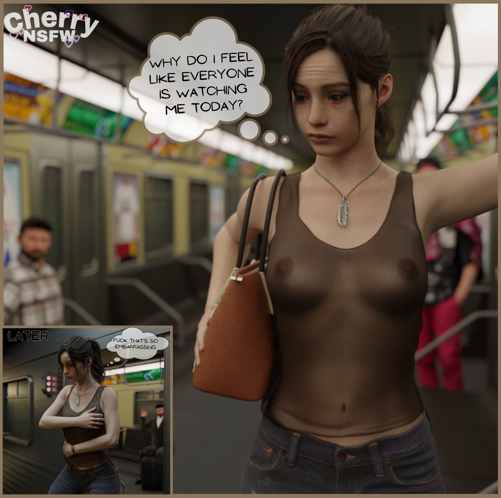 Resident Evil Hentai Art - public exposure, embarrassed, nipples visible through clothing, breasts, thought bubble, cherrynsfw, subway file f517e81aac28424b358c3c51ee84b901
